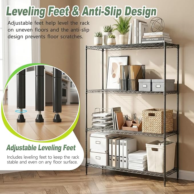 BestOffice 4-Tier Wire Shelving Unit, 1000 LBS Heavy Duty Metal Storage Shelves, Adjustable Wire Shelf for Garage, Kitchen, Pantry, Utility Shelving Rack with Leveling Feet, Black