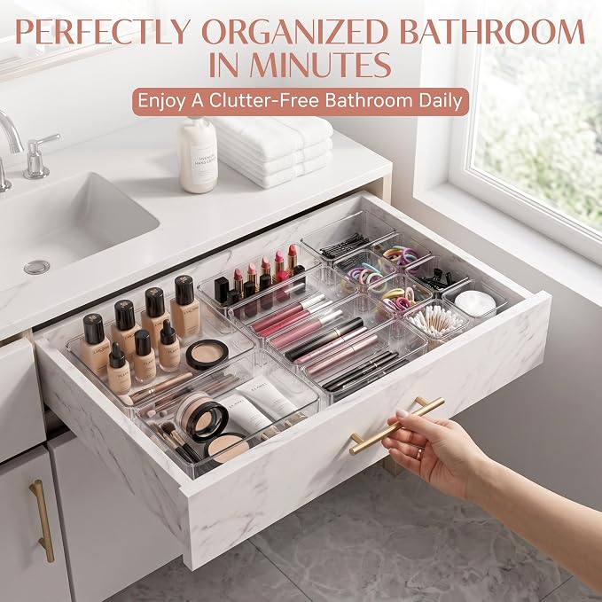 Zanora 25 PCS Clear Plastic Drawer Organizer Set, Drawer Dividers Organizers with 4 Sizes Storage Trays, Bathroom Drawer Organizers Makeup, Vanity Drawer Organizer, Desk & Kitchen Storage Bins