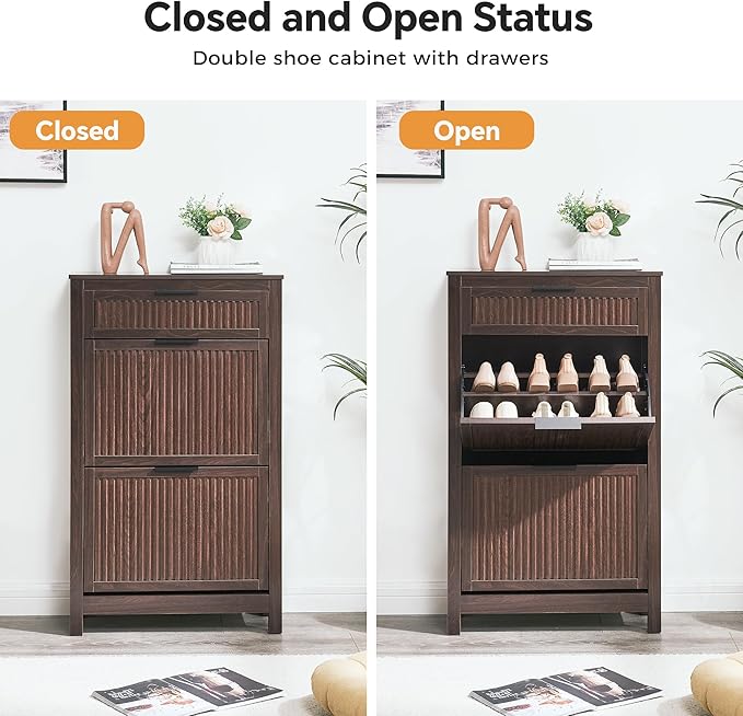 2-Flip Drawer Shoe Cabinet Narrow Entryway Rack, Brown | Vertical Wood Grain, Metal Handles, Adjustable Compartments, Removable Shelf, Anti-Tip Device, for Hallway Foyer Entryway
