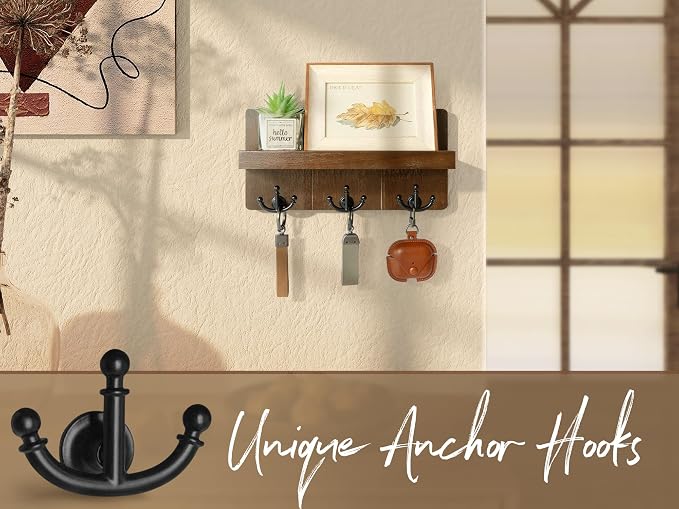 Rebee Vision Key Holder Wall Mount with 3 Hooks for Entryway, Retro Brown | Key Holder for Wall, Floating Shelf, Plant Display, Mail Organizer, Anchor Key Hanger, Rustic Storage, Decorative Home Decor