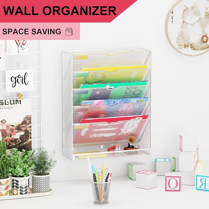 Hanging Wall File Organizer 6 Tier Wall Mounted File Holder Document Wall Organizer Magazine Organization for Office Home, Silver