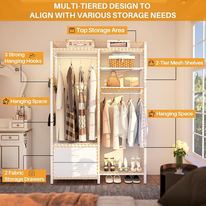 78.7'' Clothes Rack for Hanging Clothes - Reversible Clothing Rack with 2 Drawers, Heavy Duty Garment Racks with Shelves, 6 Tiers Freestanding Portable Closet Wardrobe System with Hanging Hooks, White