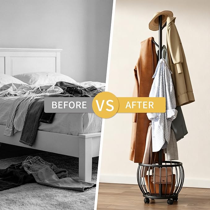 Coat Rack Freestanding Coat Stand with Basket 6 Hooks Wheels,Black | Metal Coat Rack Stand Coat Tree for Home Entryway Bedroom Living Room Office Corner Modern Organizer for Scarf Jacket Hat Bag
