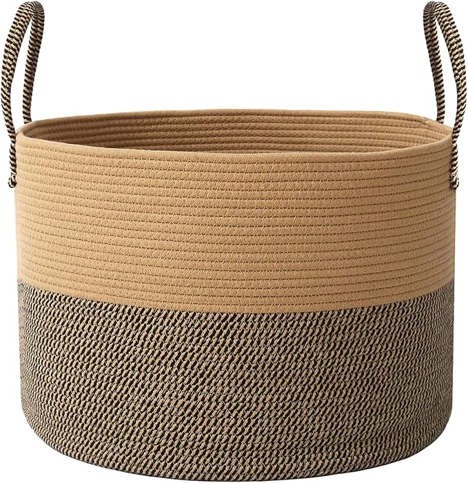 JMvicyroam 115L Extra Large Machine Washable Cotton Rope Blanket Basket | Collapsible laundry hamper, Reinforced handles, For blankets, pillows, toys and clothes, Living room and bedroom, Jute&Black