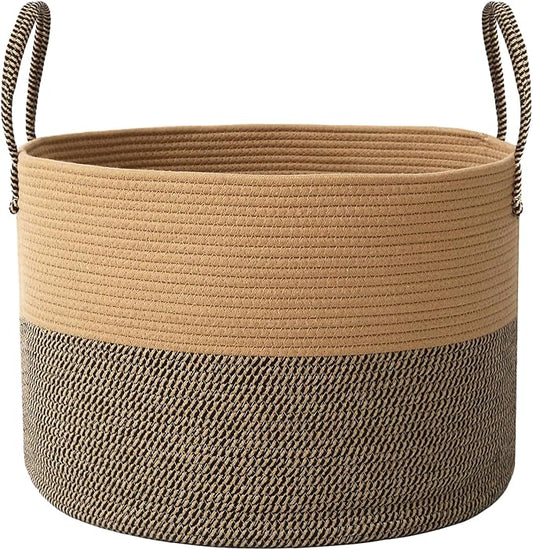 JMvicyroam 115L Extra Large Machine Washable Cotton Rope Blanket Basket | Collapsible laundry hamper, Reinforced handles, For blankets, pillows, toys and clothes, Living room and bedroom, Jute&Black