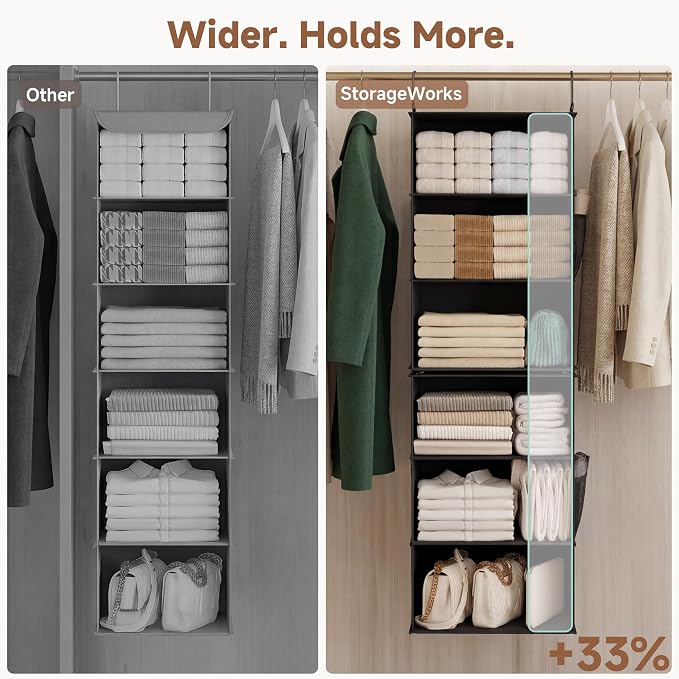 StorageWorks Hanging Closet Organizer 6-Shelf, Jumbo Separable Two 3 Shelf Closet Storage Organizer with Side Pockets, Portable Hanging Shelves for Wardrobe, RVs, 13 "D x 15 "W x 47 ¼"H, Black