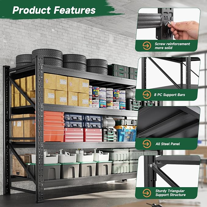 Letaya 68" W Storage Shelves Heavy Duty, 7000LBS Garage Shelving Units, 4 Tier Adjustable Utility Rack Shelf,Large Metal Industrial Shelves,for Shop,Warehouse,Basement,Black (68" W x 24" D x 64" H)