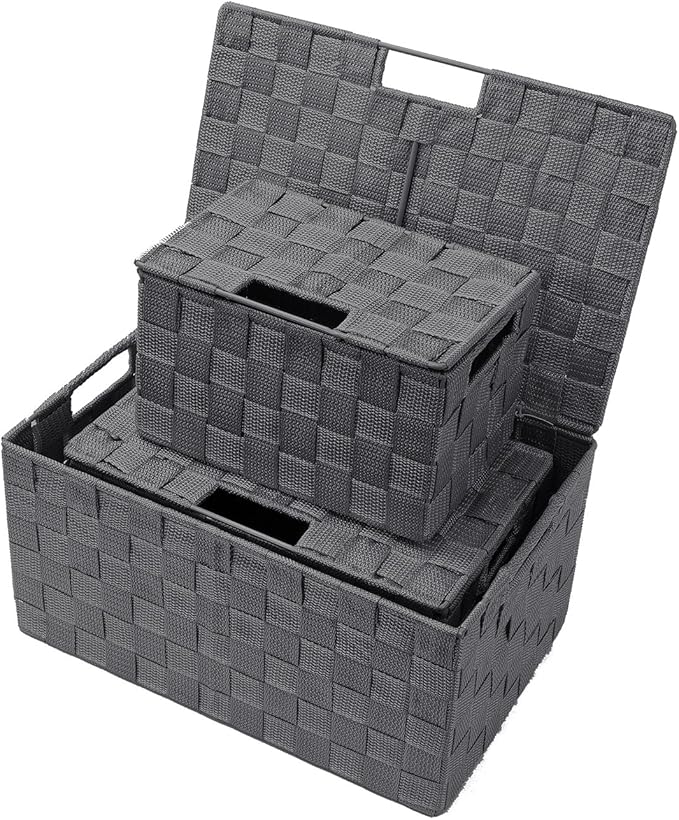 Sorbus Set of 3 Hand-Woven Storage Baskets with Lids – Mesh Organizers for Linen Closet, Shelves, or Home Storage – Variety Pack (Gray)