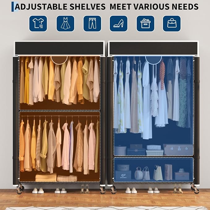 Heavy Duty Garment Rack 485LBS Closet Wardrobe with 4 Wheels & Cover Clothes Rack for Hanging Clothes with Adjustable 3 Shelves & 2 Hanging Rods 45" Lx17 Wx79 H Black