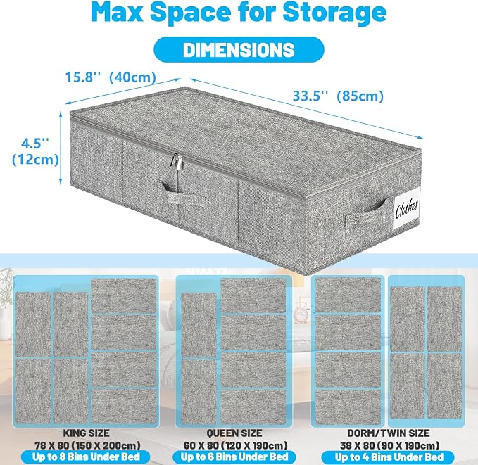 Under Bed Storage Container Bins 2 Pack, 4.5 Inch Slim Low Profile Underbed Clothes Storage Organizer for Dorm & Home, Use for Blanket and Toy Storage Box W/ Sturdy Bottom/Sides, Foldable Thick Fabric