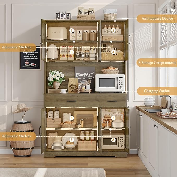 HOSTACK 71" H Kitchen Pantry Storage Cabinet,Farmhouse Hutch Cabinet, Brown | Space-Saving Pantry Cabinet with Charging Station & 2 Large Drawers & Adjustable Shelves, Tall Kitchen Hutch for Dining Room
