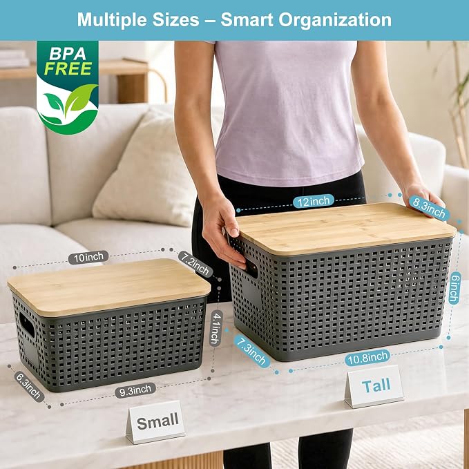 Bagnizer Small Plastic Storage Bins with Bamboo Lids 5.2qt Stackable Box Basket Pantry Decorative Containers Cute with Lable for Organizing Desktop Closet Office Gray of 6 packs 10 * 7.2 * 4.1"