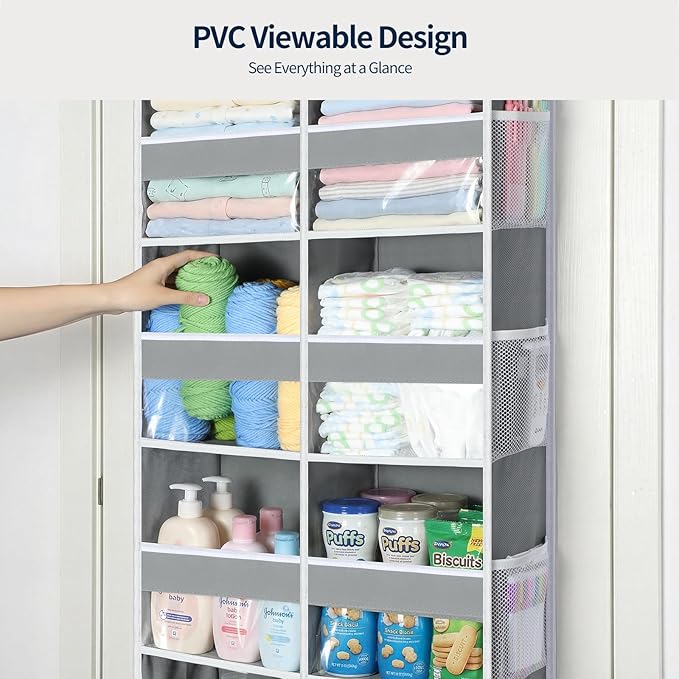 Yecaye Over The Door Organizer, 6 Tier Extra Large Behind Door Storage of 12 Compartments, 80lbs Heavy Duty Door Organizer Hanging with Clear Window for Closet Bedroom Pantry Bathroom, Grey