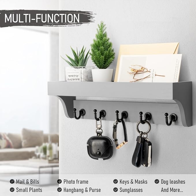 Rebee Vision Key Holder Wall Mount with 5 Hooks & Shelf for Entryway, Gray | 5 Key Hooks, Farmhouse Key Holder for Wall, Plant Display, Mail Organizer, Decorative Storage, Apartment Essen