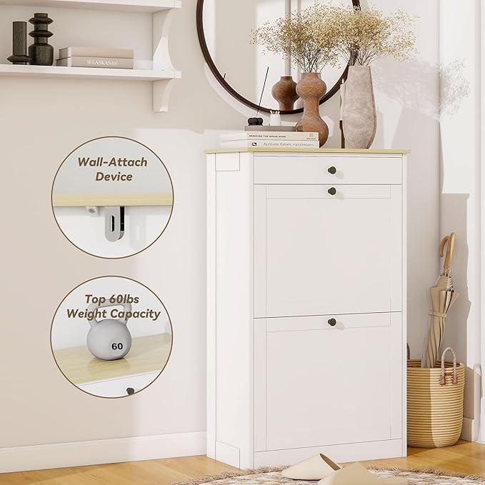 Shoe Storage Entryway with 2 Flip Drawers, Narrow Wooden Shoe Cabinet | Pet-Proof Hidden Shoe Organizer, Narrow Shoe Rack, Adjustable Dividers, Hold 8-10 Pairs, for Entryway Living Room