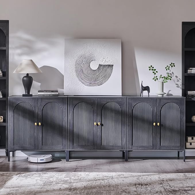 IFGET 92.63" W Modern Arch Sideboard Buffet Cabinet with Storage, Dark Grey | Fluted Arched Sideboard Cabinet w/Adjustable Shelves, Wood Modular Kitchen Cabinet for Dining& Living Room, Entryway