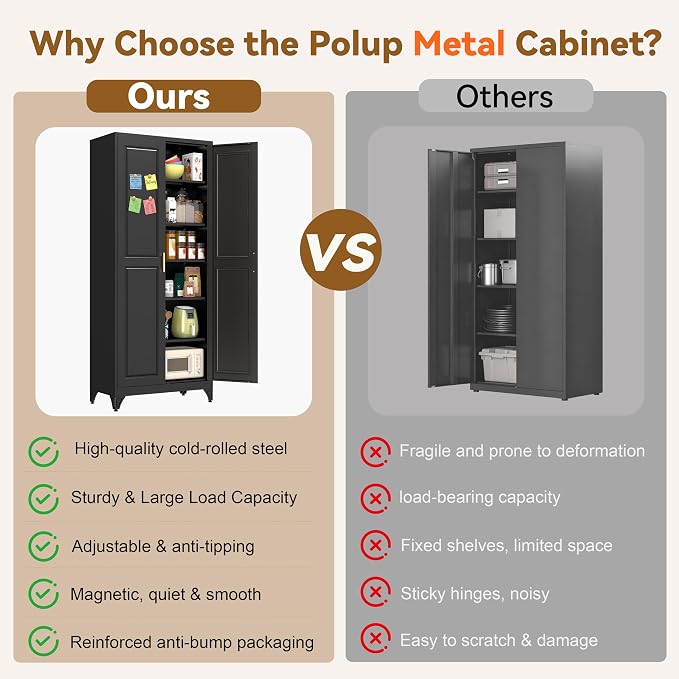 Polup 75" Pantry Cabinet, Tall Metal Storage Cabinet with Doors and Shelves | Black Kitchen Cabinet, 5 Adjustable Shelving, Heavy-Duty Steel, Gold Handles, 4 Standing Feet, for Garage Office & Laundry