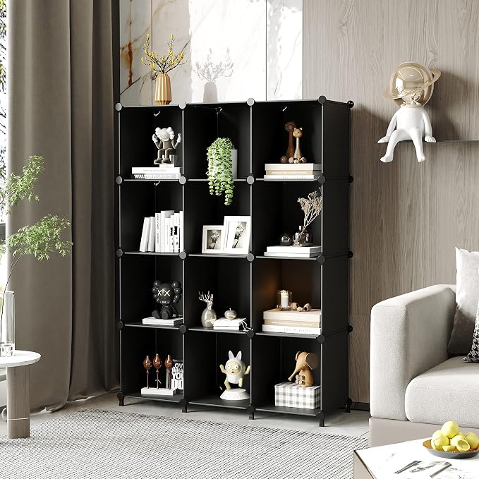 AWTATOS 12 Cube Storage Organizer, Closet Organizer Storage Shelves, Black | Portable Closet, DIY Stackable Storage Cubes Shelve, Plastic Clothes Organizer Shelving for Home, Bedroom