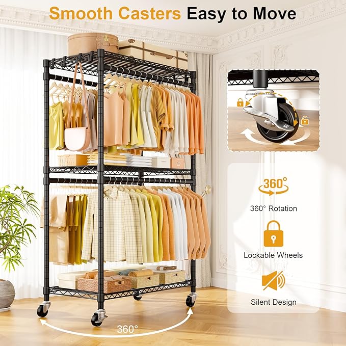 P5 Rolling Clothes Rack, Clothing Racks for Hanging Clothes, Black | Heavy Duty Garment Rack with Wheels, 3-Tier Shelves, Portable Closet Racks 39.4'' W × 20.5'' D × 80.5'' H, Max Load 650 Lbs
