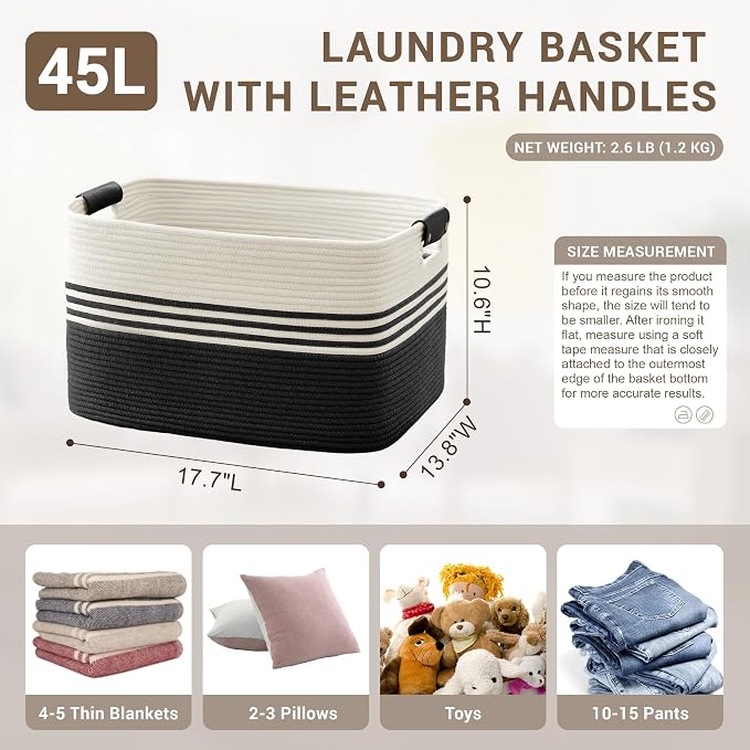 45L Small Woven Laundry Basket Hamper with Leather Handles,Black | collapsible wicker hamper, storage for dirty clothes, toys, blankets, gifts, living room, bedroom, bathroom, 18"x14"x11"