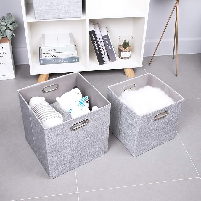 Thicker Fabric Storage Cubes 13 inch Collapsible Storage Bins for Organization, Cubby Storage Boxes for Organizing Shelf Cabinet Bookcase, 2pcs, Sliver Grey