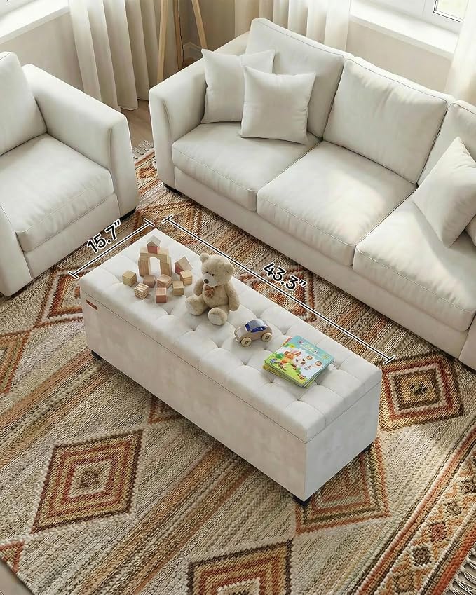 ABHENG Velvet Storage ottoman bench with legs,43.5”W x 15.7”D x 15.7”H,metal frame end of bed bench hold up to 770 LB,Large Storage Chest hold up to 770 LB,White UASND623W
