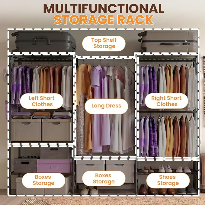 Heavy Duty Clothes Rack, Portable Closets with 6 Rods & 6 Shelves | Extra Large Clothing Rack for Hanging Clothes, Adjustable Metal Garment Rack 76.4"W x 15.7"D x 68.5"H, Hold 792 lbs, Black