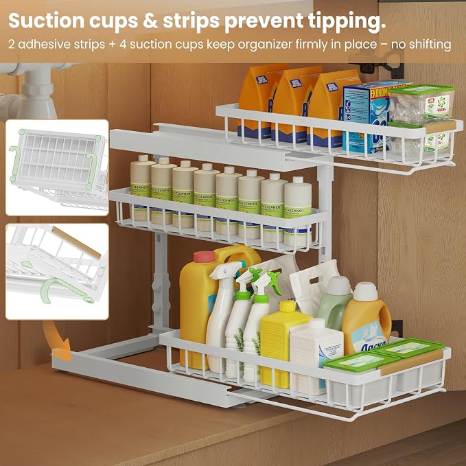 Under Sink Organizer and Storage 3 Tier Cabinet Pull Out Shelf Organizers | 2 Pack 3 Tier under sink storage for Bathroom and Kitchen Slide Out Drawer Organization for Home Cabinets Shelves and Drawers