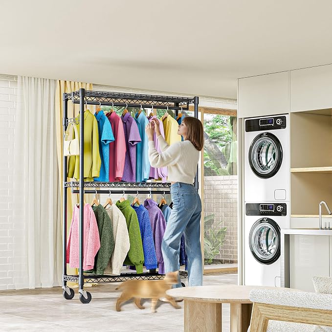 M MZG Heavy Duty Rolling Garment Rack 3 Tiers Adjustable Wire Shelving Clothes Rack with 2 Rods and Side Hooks,Storage Closet Clothing Rack with Wheels Black 15.7" D x 45.3" W x 79.6" H