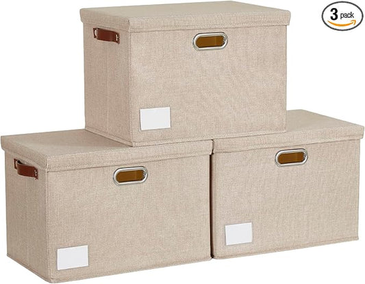 15" Large Collapsible Storage Bins with Lids, Stackable Closet Organizers with PU Handle and Labels, 3-Pack Decorative Fabric Storage Boxes for Home, Bedroom, Closet, Office, Nursery(Khaki)