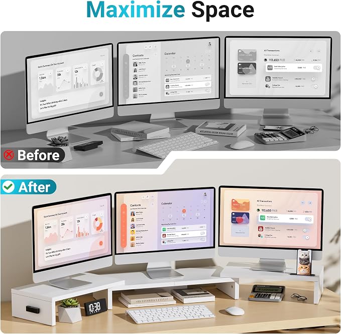 BONTEC Triple Monitor Stand Riser with Smartphone Holder, White | Adjustable Length & Swivel Angle, Ergonomic Wooden Desktop Organizer for PC Monitor, Laptop, Printer, Large Storage, 53.3 in