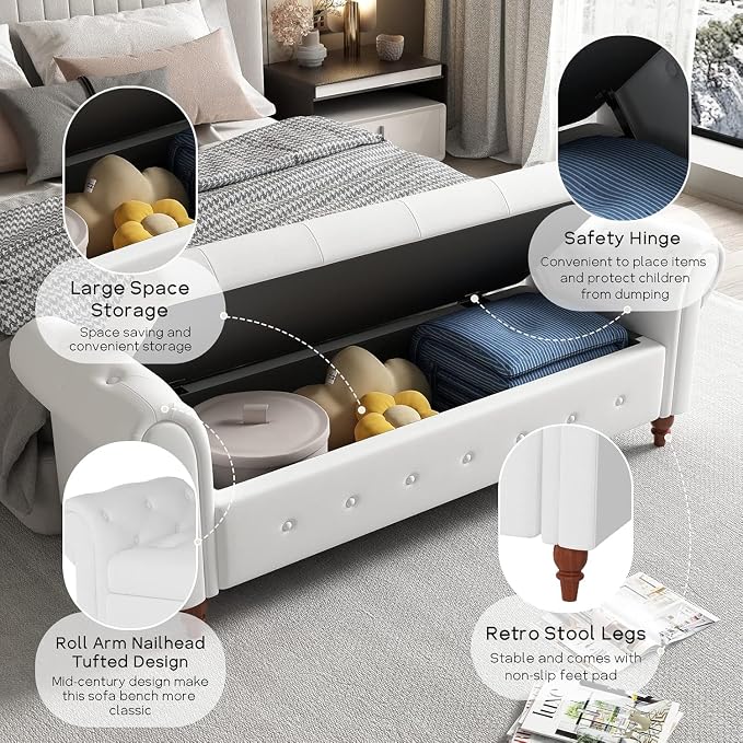 NIOIIKIT 63'' Storage Ottoman Bench, Tufted Entryway Bench White Polyester | Button Tufted End of Bed, Large Storage Space, Rolled Armed Ottoman Couch Long Bench for Bedroom, Living Room, Hallway