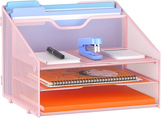 GAWERK Letter Tray Organizer, Mesh Desk File Organizer with 3 Paper Trays and 2 Vertical Upright Section (Pink)
