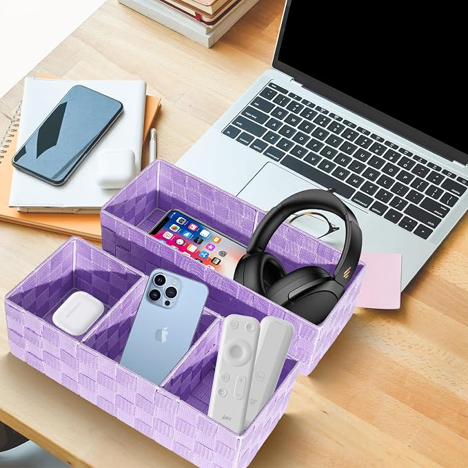Drawer Organizer, Cube Baskets for Storage Shelves, Handmade Small Woven Basket, Shallow Storage Bins for Organizing Desk, Dresser, Kitchen, Pantry, Nested 7 Pack, Purple