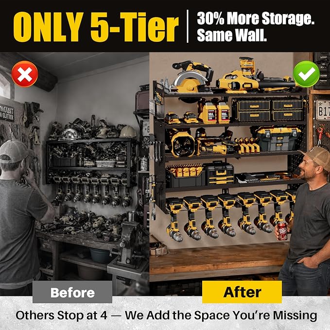 Large 5-Tier Power Tool Organizer Wall Mount, 320lbs Load Capacity Garage Storage Rack with 8 Drill Holders, 34" Heavy Duty Metal Utility Shelf, Holds Over 30 Tools for Garage Workshop