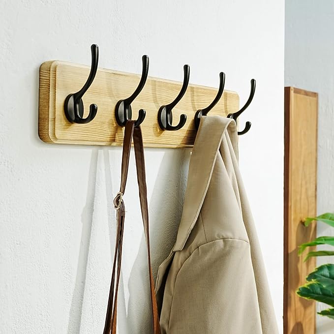 Coat Rack Wall: Patented, Heavy-Duty, 5-Double-Hooks Wooden Wall Mounted Coat Rack Coat Hanger Hook Rail for Winter Coats Hat Jacket Clothing, Light Brown