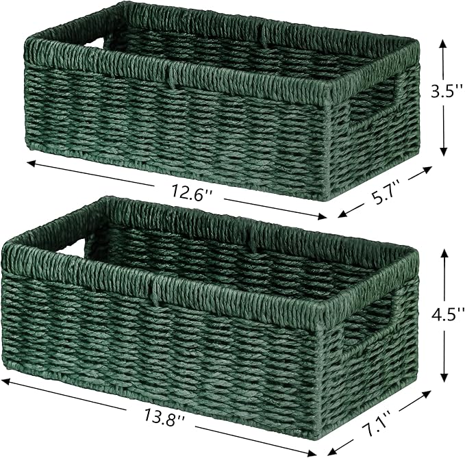 Wicker Storage Basket, 2-Pack Paper Rope Wicker Baskets with Handles, Toilet Paper Basket for Toilet Tank Top, Small Wicke Baskets for Organizing Decor Storage Bins for Shelves, Green
