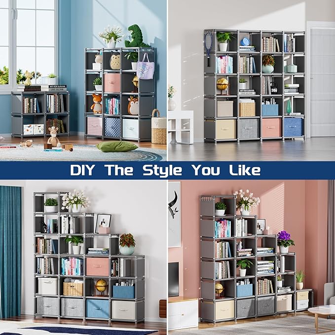 Mavivegue 20 Cube Storage Organizer Bookshelf, Grey | DIY Bookcase, Metal Cube Construction, Tall Design, Closet Storage Organizer