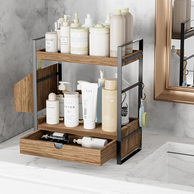 2-Tier Bathroom Counter Organizer, Wooden Vanity Shelf with Drawer & Basket | Pre-Drilled Holes, Skincare & Makeup Countertop Organizer and storage, Dark Brown