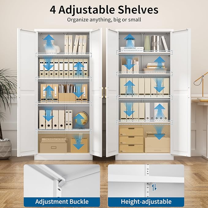 71" Tall White Metal Storage Cabinet with Doors, Heavy Duty | Freestanding Steel Kitchen Pantry Cabinet, 4 Adjustable Shelves (180 Lbs Load), Tall Cabinets for Home, Office and Garage