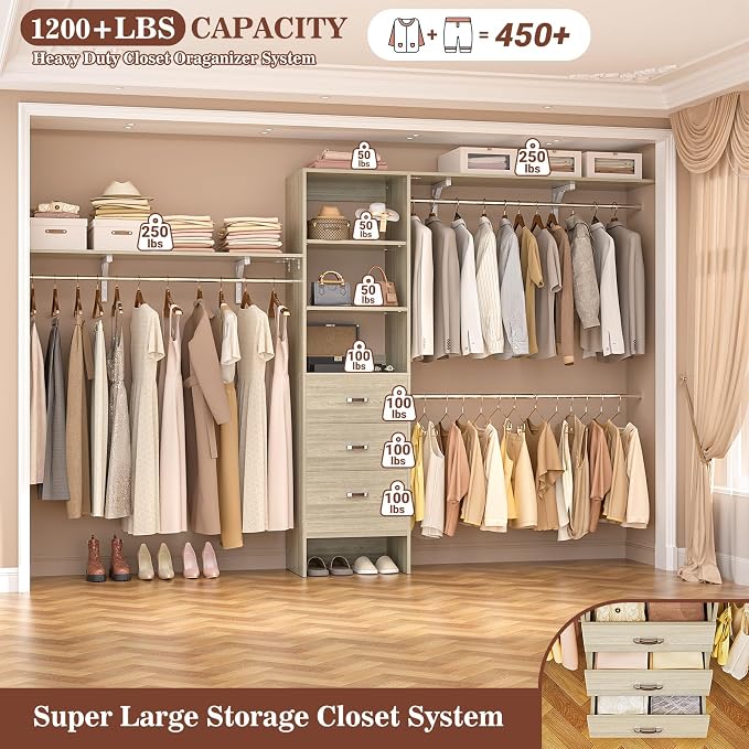 120 Inches Closet System, 10FT Walk In Closet Organizer with 2 Shelving Towers, Heavy Duty Clothes Rack with 3 Drawers, Built-In Garment Rack, 120" L x 16" W x 75" H, Load 1300 LBS, White Oak