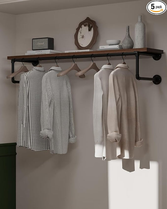 Clothes Rack 48in, Wall Mounted Garment Racks with Real Walnut Wood Shelf, Heavy Duty Hanging Clothes Rack, Multi-Purpose Hanging Rod, Space-Saving Closet Storage