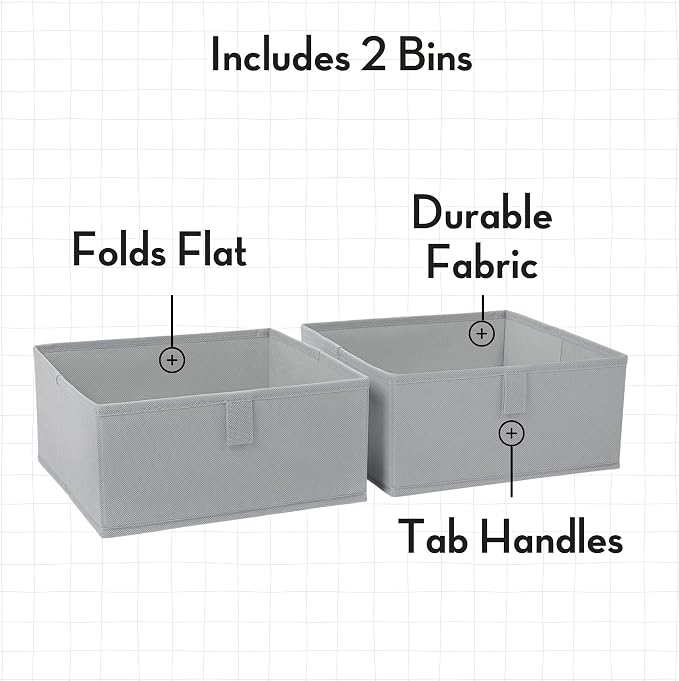 RiverRidge Folding Storage Bins - 2-pack of 5in Tall Gray Cubes | Fabric Bins, Set of 2 Storage Cubes, Pull-tab Handles, Playroom Closet Organizer, Collapsible Cubby with Bottom Board Insert