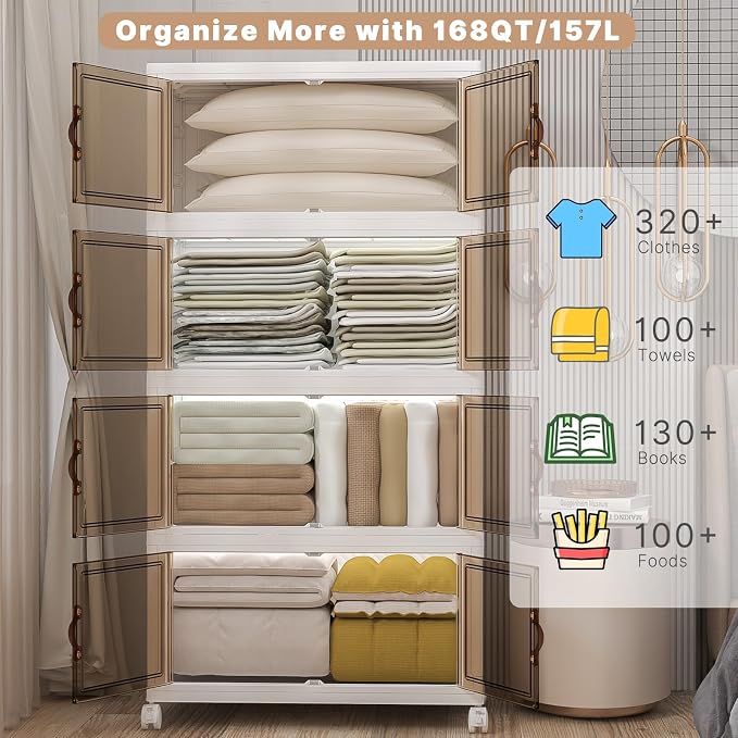 Stackable Storage Bins with Lids, 672QT Closet Organizers and Storage Cabinet with Doors & Wheels, Lockable Plastic Foldable Drawers for Bedroom Dorm Office Garage（168QT*4,White）