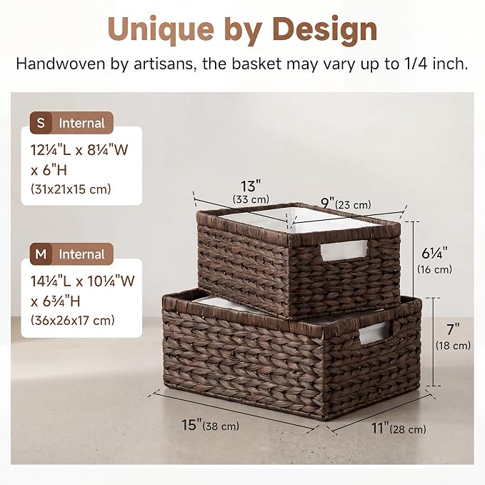StorageWorks Large Wicker Baskets for Storage, Water Hyacinth Storage Baskets for Organizing, Wicker Storage Baskets for Shelves, Brown, Large & Medium, 2-Pack