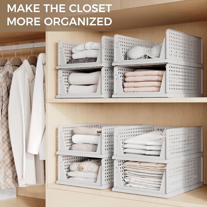 Pinkpum 6 Pack Closet Organizer Storage Bins Stackable Plastic Drawer Shelf | Basket for Clothing Stackable Storage Bins Shelf Storage Container for Closet Wardrobe Bedroom Bathroom Office Grey Foldable
