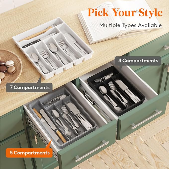 Lifewit Silverware Drawer Organizer Tray, Plastic Cutlery Storage for Kitchen, Flatware and Utensil Holder Divider for Spoons Forks Knives Tableware, 9.5 x 13.4", 5 Slots, Black