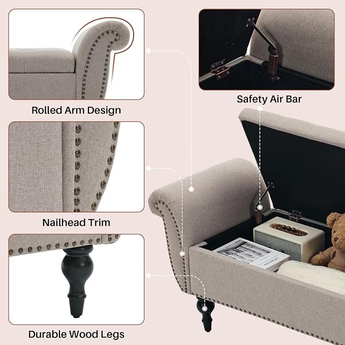 63.8" Storage Bench for Bedroom Rolled Arm Ottoman 700 Lb Linen Light Khaki | Premium Linen End of Bed Bench Elegant Upholstered Ottoman with Hidden Storage Entryway Shoe Bench Window Seat