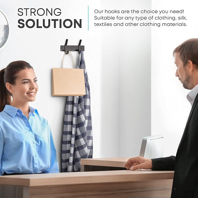 Coat Rack Wall Mount – 6 Inch Stainless Steel Hook Rail with 2 Double Coat Hooks for Hanging – Wall Mounted Entryway Organizer for Coats, Hats, Bags, Towels, Robes, Closet or Bathroom - Black 2 Pack