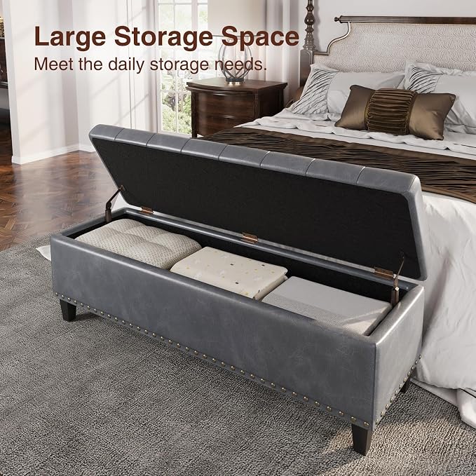 FiveWillowise 51 Inch Storage Ottoman Bench,Large End of Bed Storage Bench | Faux Leather Ottoman with Storage,30 Gallons,Upholstered,with Nailhead Trim,Legs,for Bedroom,Living Room,Entryway,Grey